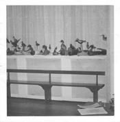 SA0640 - Photo of a long bench and duck decoys., Winterthur Shaker Photograph and Post Card Collection 1851 to 1921c
